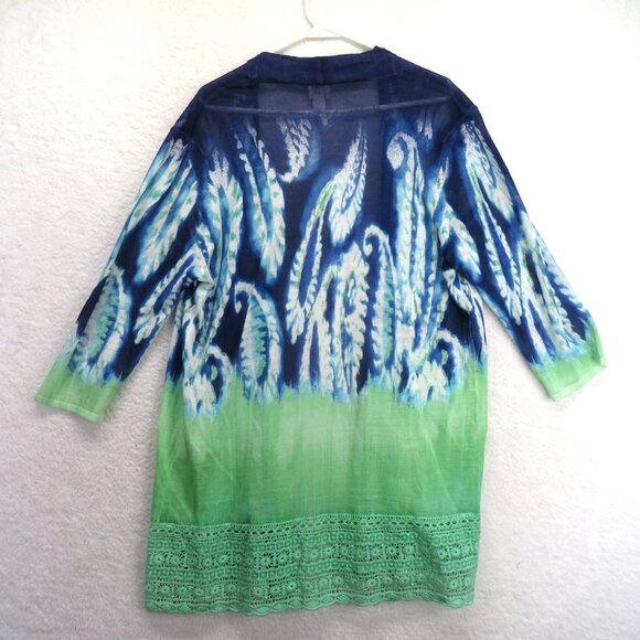 Chicos Jacket Large Blue Green Open Front Boho Lace Trim Lightweight Kimono - Picture 3 of 10